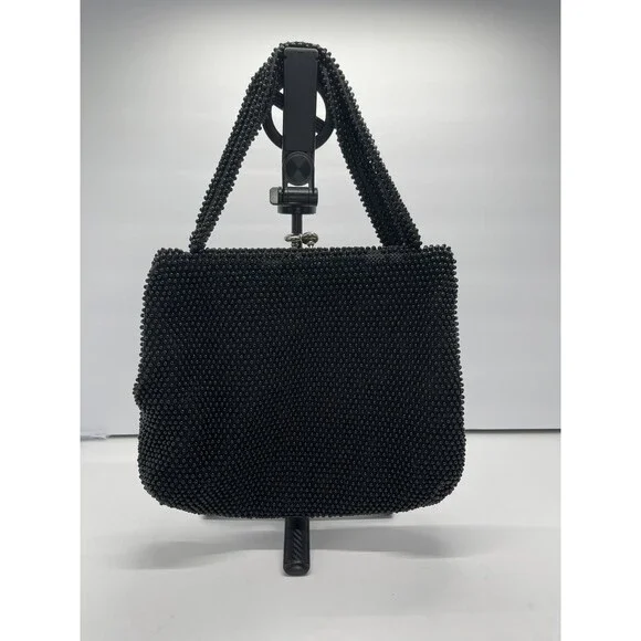 Vintage 1960s Lumured Black Corde Beaded Handbag purse Kiss lock Petit cool - Picture 2 of 16